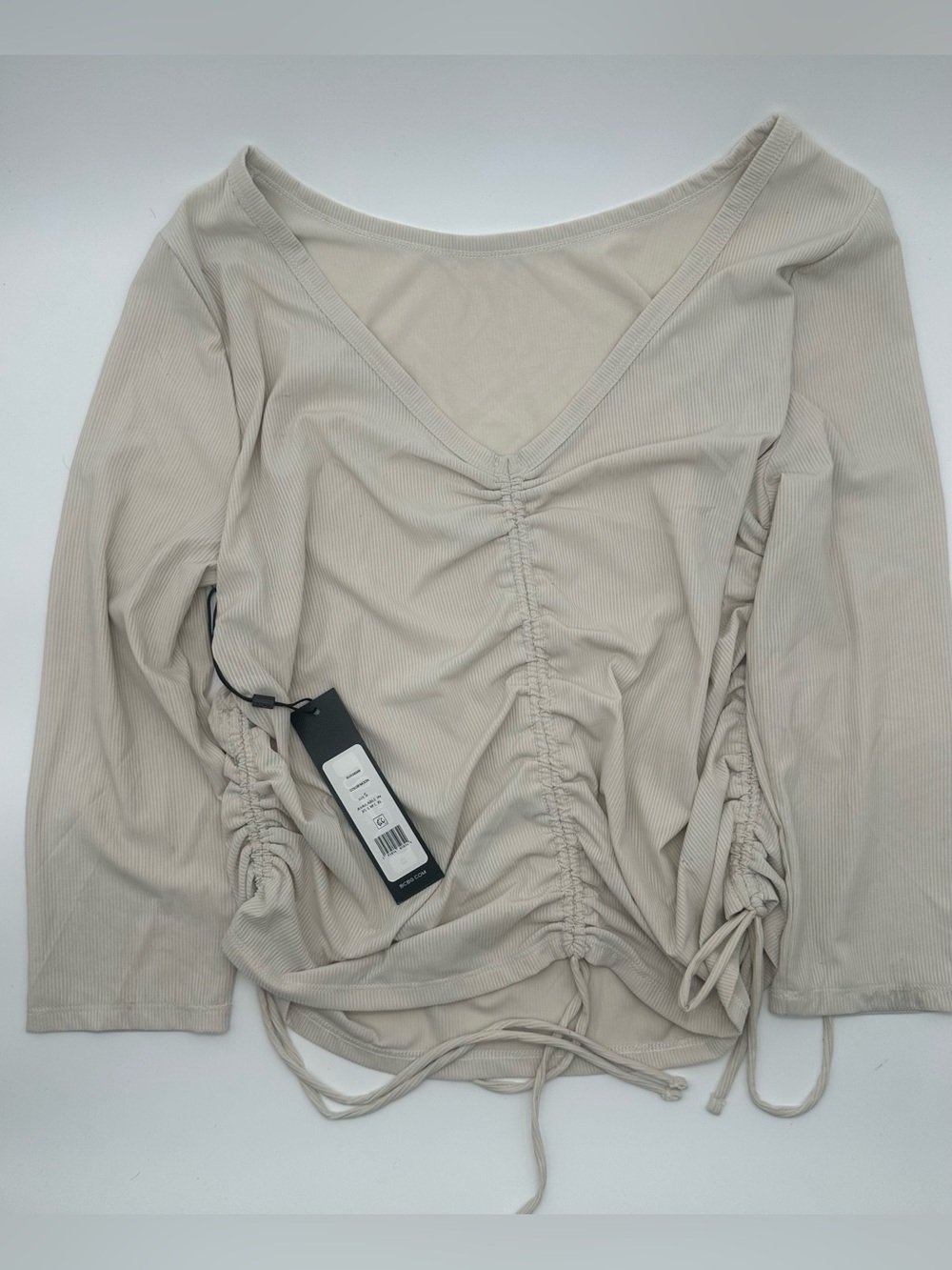 NWT BCBG Beige Ribbed Ruched Drawstring Long Sleeve Top S